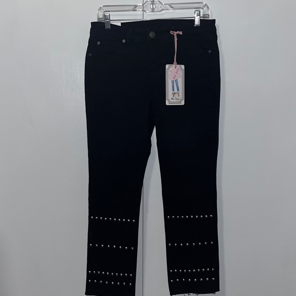 Blue Desire Mid Rise Straight Black Studded Jeans Stretch Denim Juniors 11